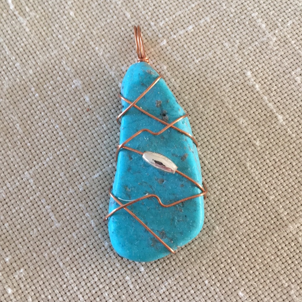 Turquoise Stone Pendant with Copper Wire Wrap